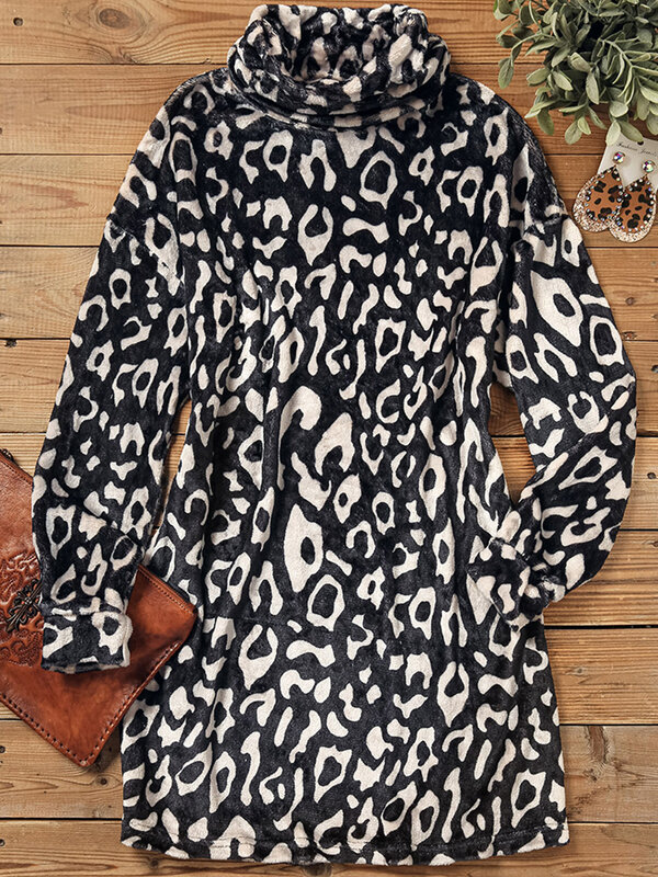 Mini vestido de leopardo de gola alta feminino, manga comprida, quente, elegante, sentido alto, saia ao ar livre, outono, inverno, 2023
