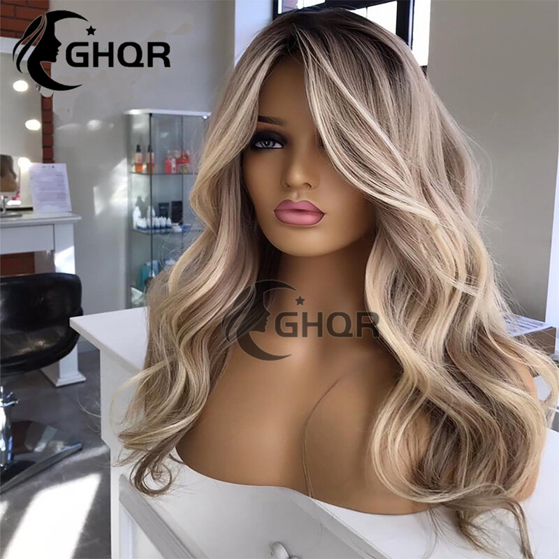 Podkreśl ludzkie włosy 360 koronkowa peruka frontalna brązowa włosy ludzkie w kolorze blond peruka pełna koronkowa naturalne fale koronkowa peruka na przód prążki