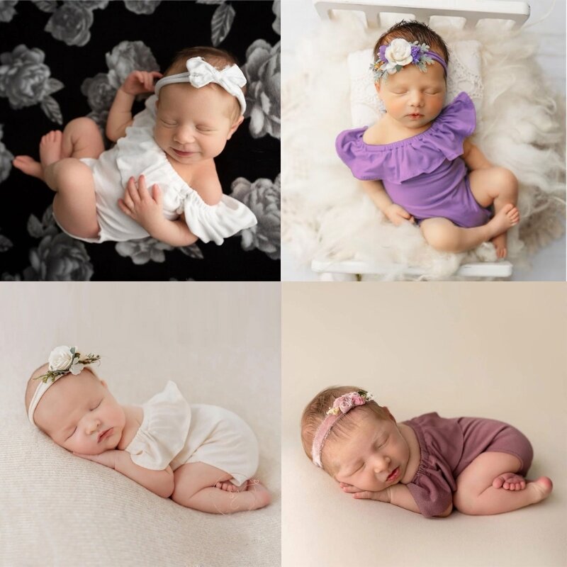 Newborn Photography Props Outfits Baby Girl Photo Shooting Romper+Headband 0-3 Months Baby Studio Photography Backdrop Clothes