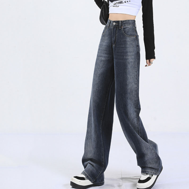 Y2K Gradient niebieskie jeansy damskie z wysokim stanem z szerokimi nogawkami jesień 2023 eleganckie Y2K Streetwear spodnie damskie