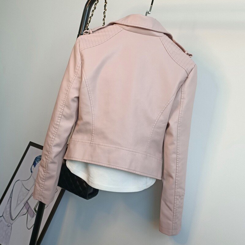 Spring Autumn Fashion Pink Leather Moto Jacket Ladies Short Faux Leather Jacket Korean Turn-down Collar Women Tops High Quality