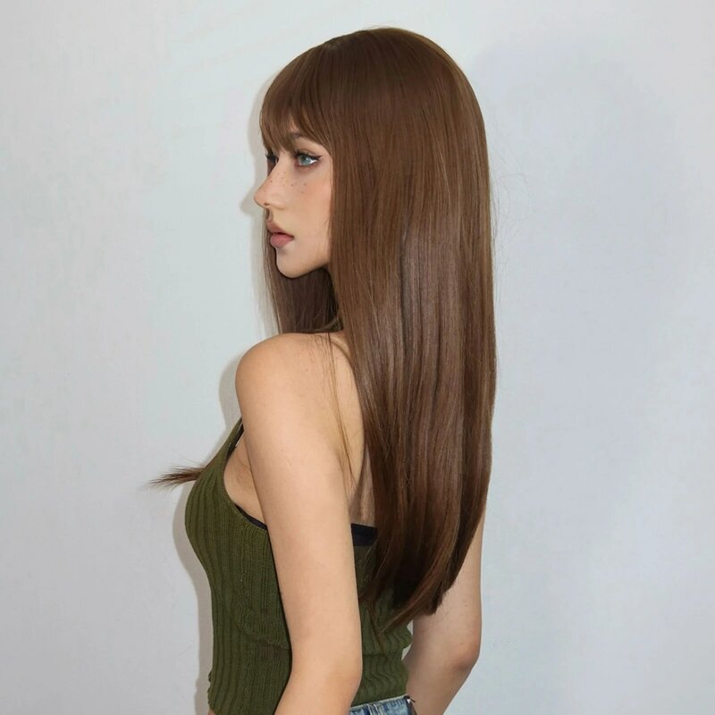 GEMMA Golden Brown Straight Wig with Bangs Synthetic Long Cosplay Daily Use Hair Wigs for Women Heat Resistant Natural Fibre