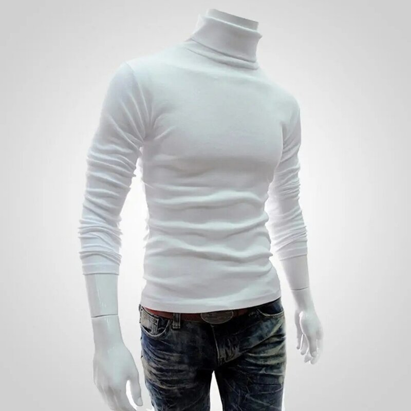 Jersey de manga larga con cuello alto para hombre, camisa elástica de punto de Color sólido, suave, para invierno