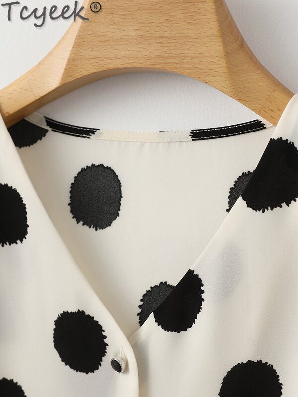 Tcyeek 92% Mulberry Silk Shirts for Women Spring Summer Clothes Fashion Short Sleeve Top V-neck 2024 Elegant Female Top Dots