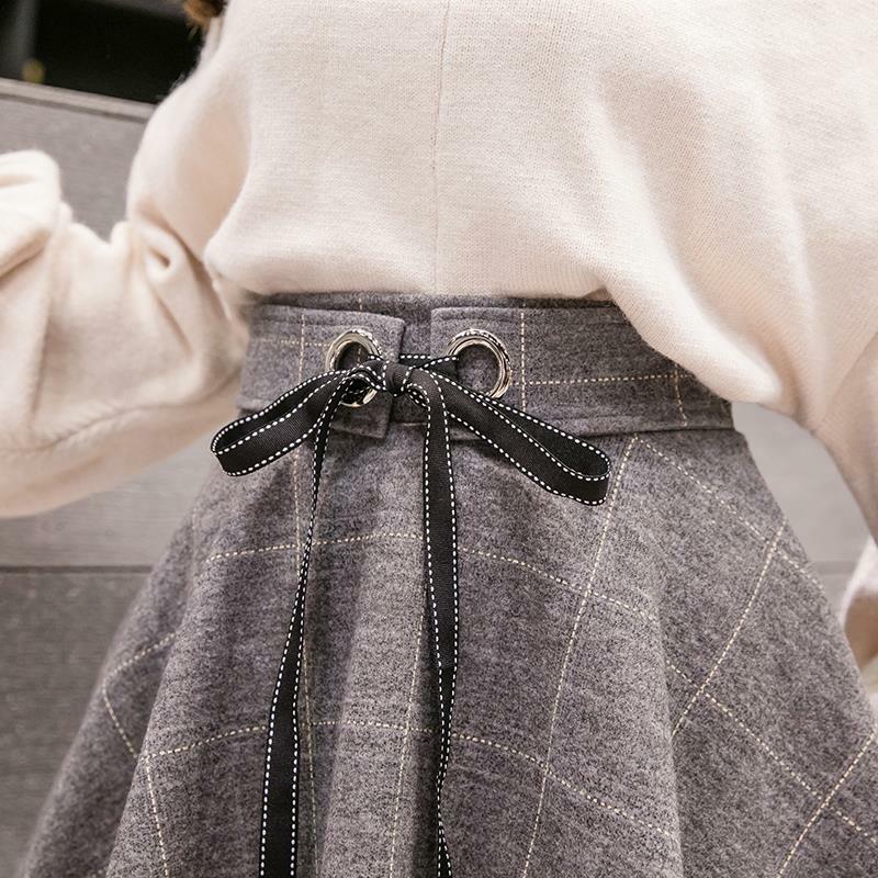 Woolen Plaid High Waist Mini Skirt Women Elegant Fall Winter Lace Up A-Line Skirt Korean Fashion Vintage Student Ball Gown Skirt