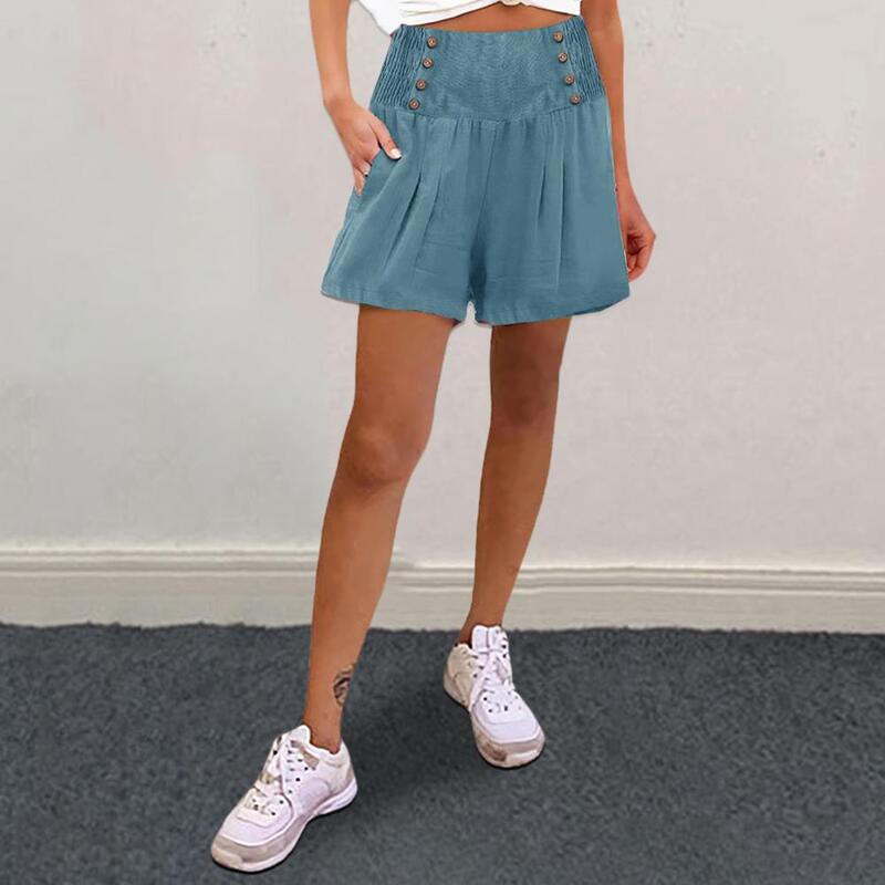 Summer Women's Shorts With High Elastic Waist, Pleated Buttons, A-line Solid Color Casual Vacation Beach Sports Shorts
