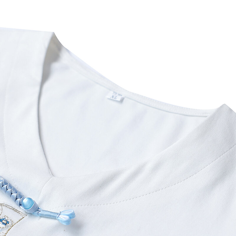 Camiseta de algodón de manga corta bordada de estilo chino para mujer, Top con cuello en V Retro, cintura plisada adelgazante, Verano