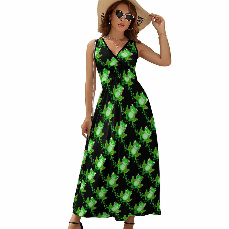 Funny Frog Dress Women Green Animal Print Beach Maxi Dress V Neck High Waist Aesthetic Custom Bohemia Long Dresses