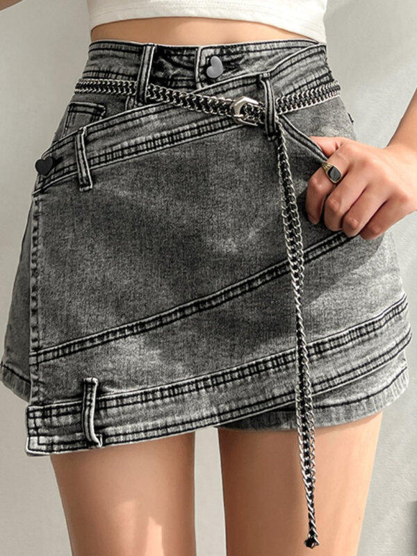 Женская джинсовая юбка выше колена DEAT, серая Асимметричная юбка с высокой талией и цепочкой, модель 17A1443 на лето, 2024
