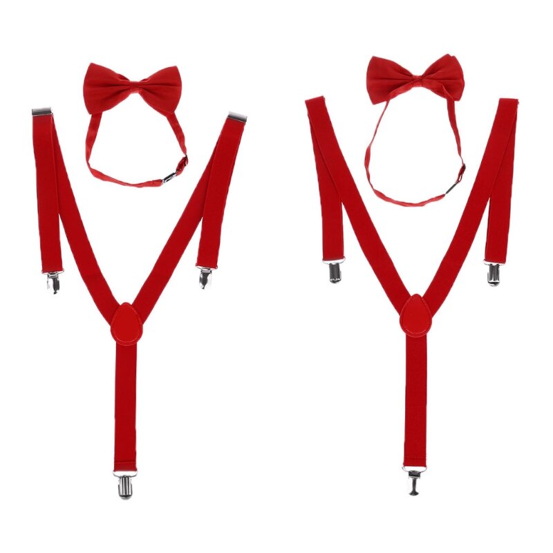 Unisex ปรับ Y-Back Suspenders Bow Tie ชุด Clip-On Braces งานแต่งงานยืดหยุ่น