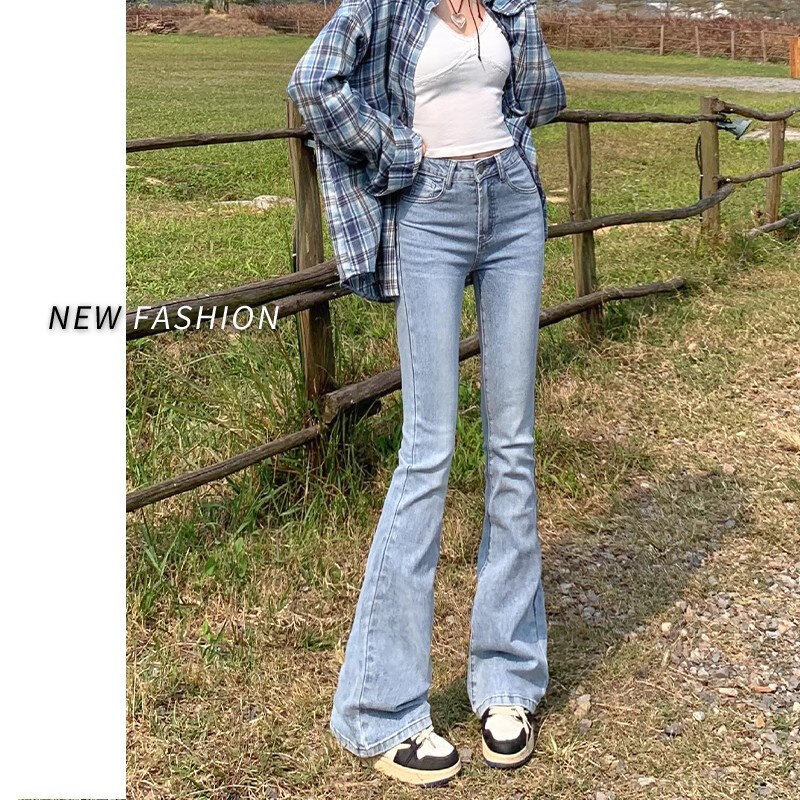 Light blue high-waisted micro-large jeans female spring new high-waisted elastic Slim thin versatile horseshoe flare pants