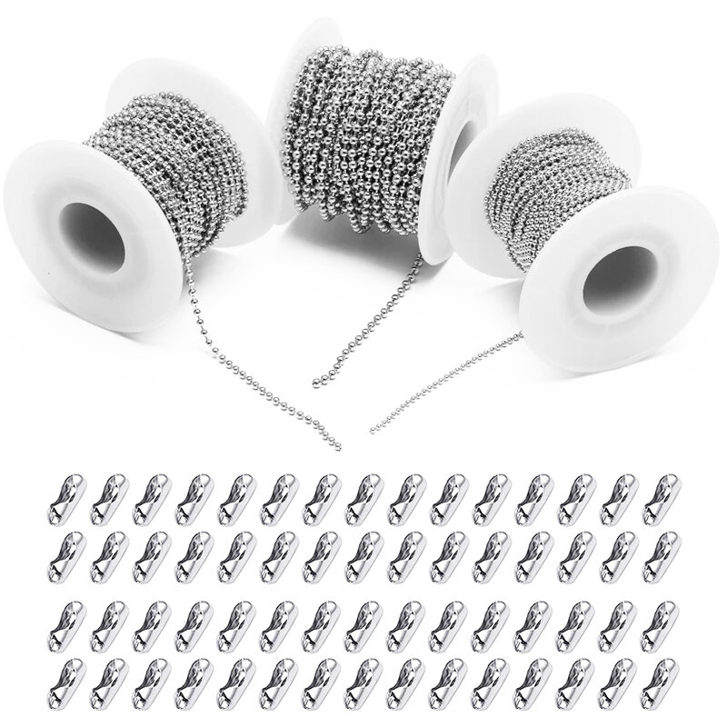 Cadena de cuentas de acero inoxidable de 5m, 1,5/2/2.5/3mm, cadena de bolas con conector de tracción ajustable a juego para llavero, fabricación de joyas, 50 Uds.