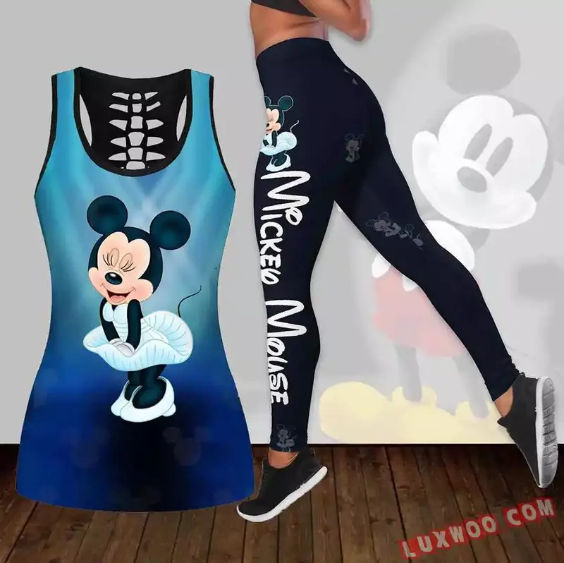 Neue Disney Minnie Damen Hohl weste Leggings Yoga Anzug Fitness Leggings Sporta nzug Disney Tank Top Legging Set Outfit