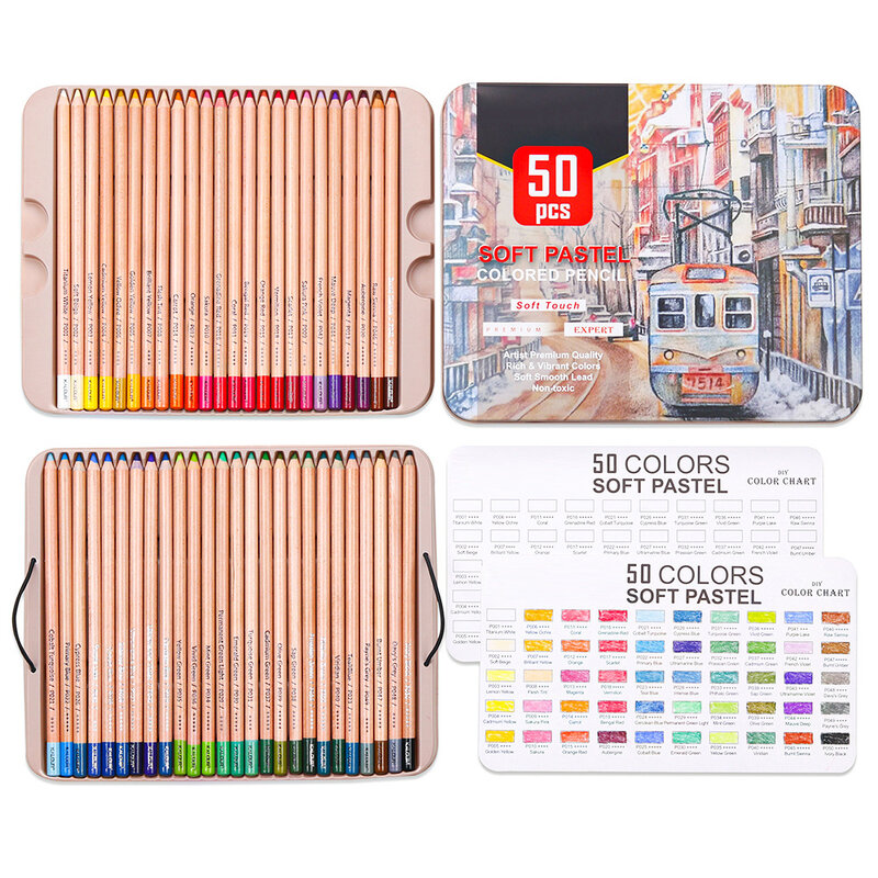 Xsyoo Premium 50 sztuk miękkie pastelowe kolory ed zestaw kredek drewna skóry pastelowe kolory kolorowe kredki rysunek ołówek do szkicowania zestaw do pisania artysty