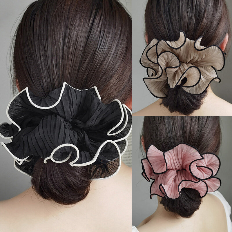 Ikat kepala sifon keriput Korea untuk wanita, aksesori rambut ikat rambut poni besar manis