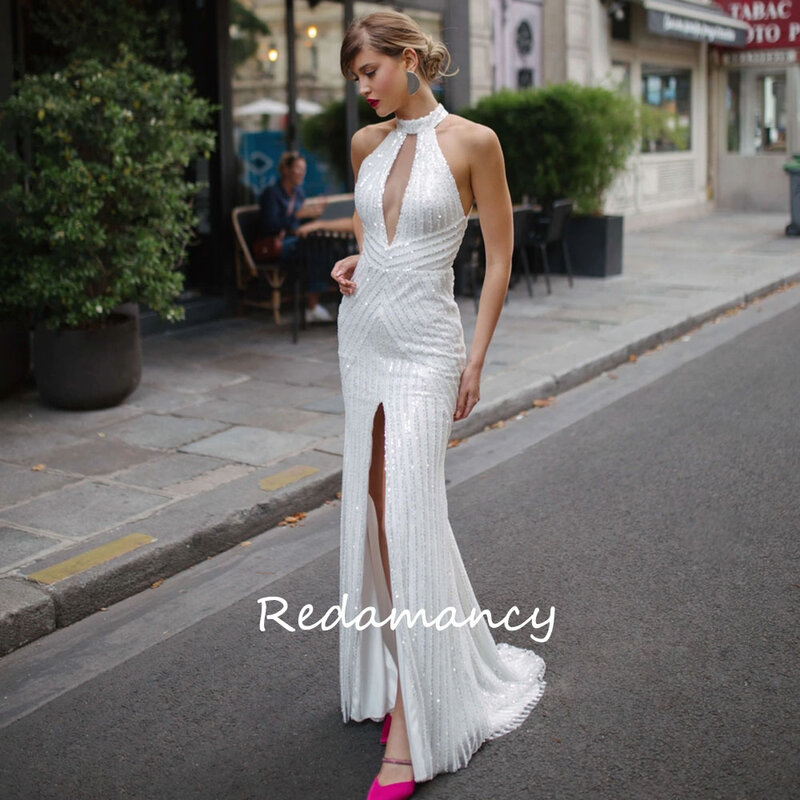 Redamancy-vestidos de novia de encaje blanco con cuello Halter, traje de sirena con Espalda descubierta, largo hasta el suelo, 2024