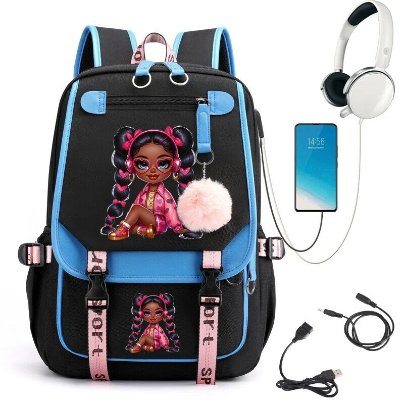 Tas ransel sekolah anak perempuan motif gadis Afro cantik tas sekolah gambar kartun imut untuk pelajar remaja tas buku ransel Laptop remaja