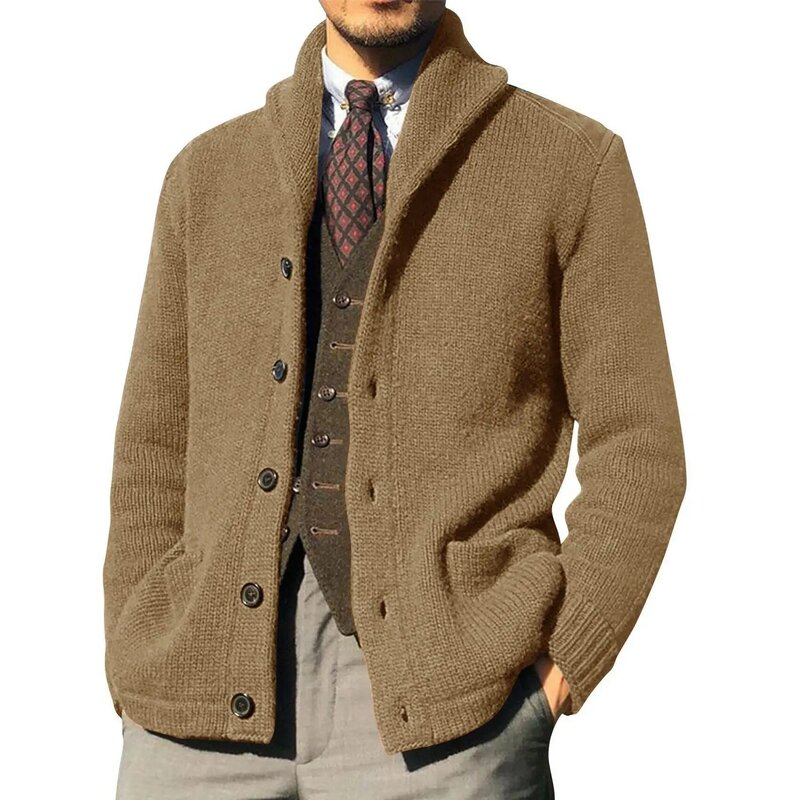Cardigã masculino de malha de peito único, suéter de inverno, gola alta, jaquetas masculinas, casacos estilo britânico