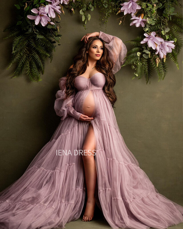 Purple Tulle Maternity Photography Dress Off Shoulder Open Belly Ruffled Pregnancy Women Baby Shower Gown for Photoshoot#18428