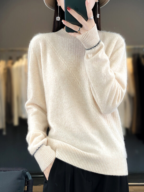 100% Merino Wool Women Sweater High-quality Soft Wool Long Sleeve Mock-Neck Pullovers Autumn Winter Warm  Female Chic Clothing