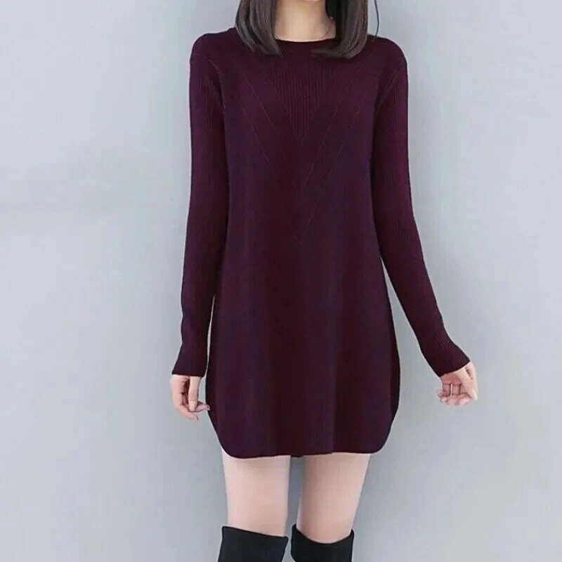 Vestido feminino solto de malha de comprimento médio, pulôveres coreano, suéter feminino, monocromático, que combina tudo, tamanho grande, malha, 6XL, inverno, outono