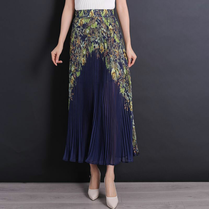 Folk Vintage Printed Ankle Skirts Floral Summer Stylish Pleated Female Clothing High Waist Elastic Commute Elegant Long Skirts