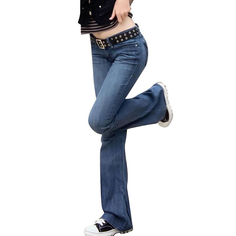 Женские повседневные джинсовые расклешенные брюки, однотонные свободные расклешенные брюки с низкой талией и карманами, популярные джинсовые брюки в стиле ретро для девушек