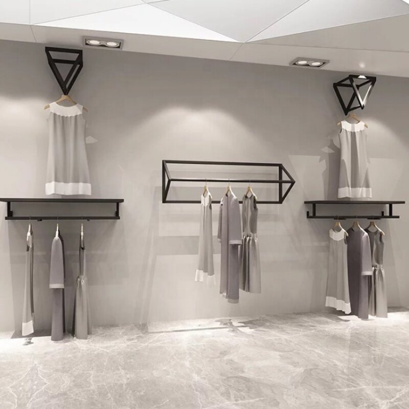 Custom, black clothing store furniture wall decoration display system metal hanging rail rack