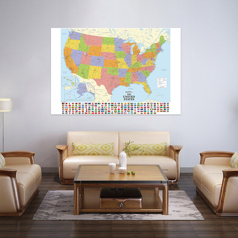 120*80cm Vintage Non-woven Fabric Map of The United States with Country Flag Print Living Room Decor School Office Supplies