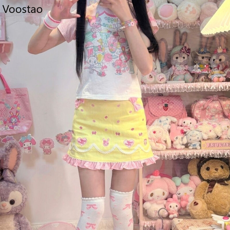 Falda japonesa Kawaii Lolita para mujer, Mini falda con volantes estéticos, Bordado de conejo de dibujos animados, lazo lindo, Y2k