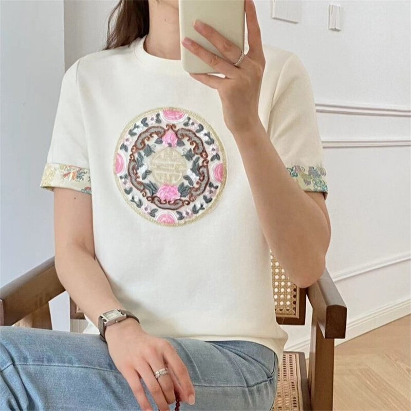 Chinesische Art Kleidung T-Shirts Frauen o Hals Vintage-Druck schlanke Baumwoll oberteile Kurzarm T-Shirt Sommer neu