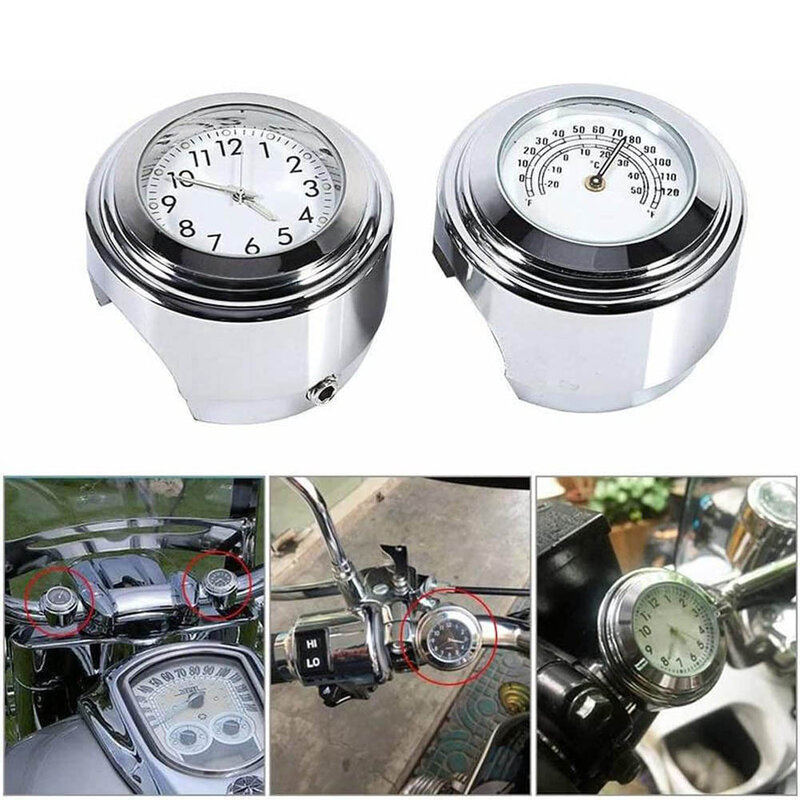Termômetro guiador da motocicleta, relógio universal da motocicleta, montagem, 7 dentro, 8 dentro, 1 dentro, 22mm-25mm, 2 PCes