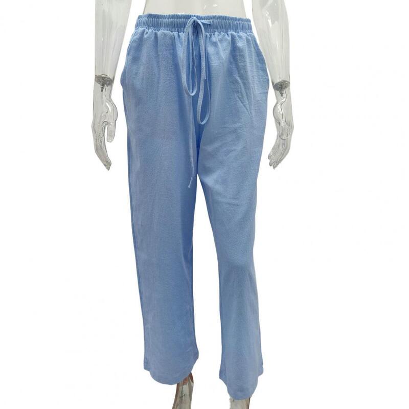 Calça feminina com cordão elástico na cintura com bolsos, calça monocromática, confortável, elegante, casual, verão