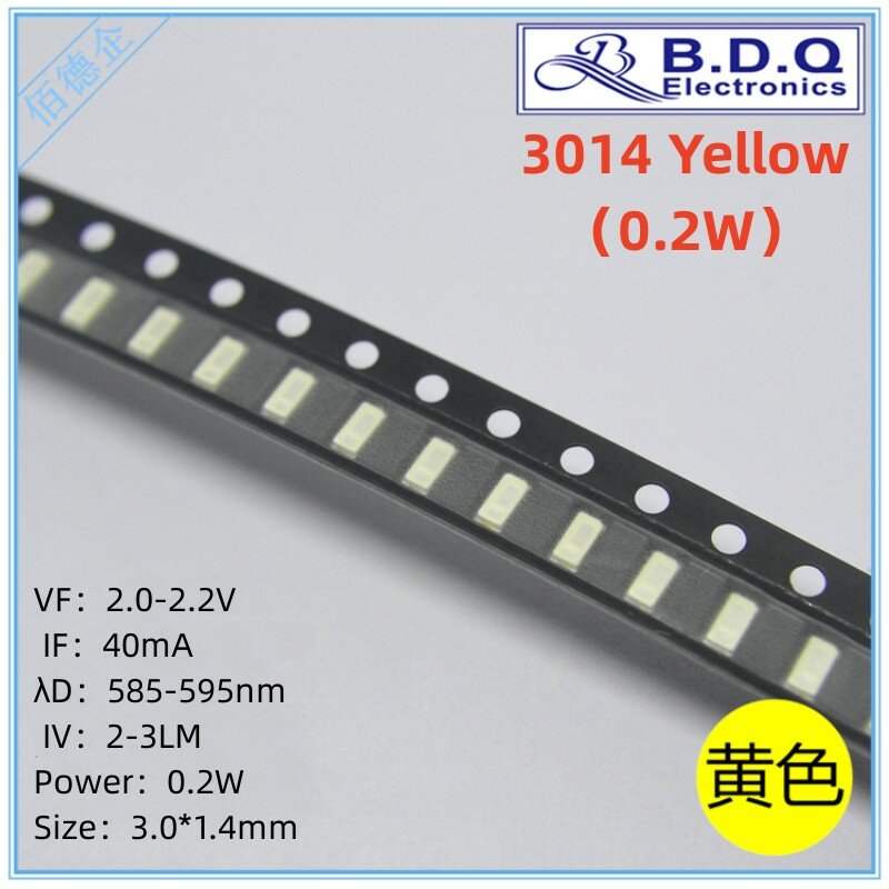 3014黄色0.2ワットledランプビーズsmd ledライトサイズ3014発光ダイオード高輝度品質100個