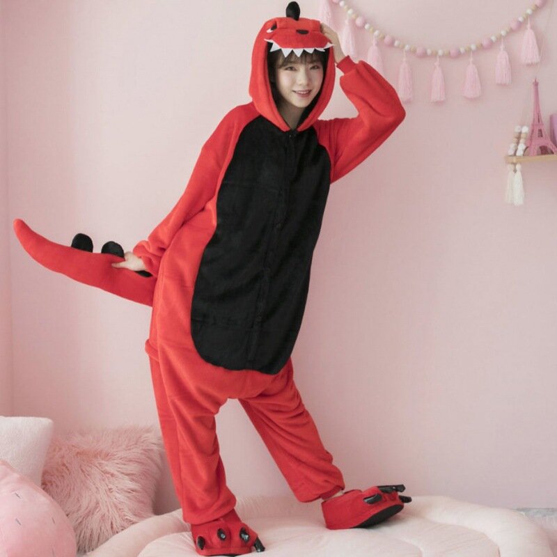 Mono de dinosaurio rojo de la bestia para mujer, ropa de noche, ropa de casa, mullida, cómoda, a prueba de frío, Individual, a la moda