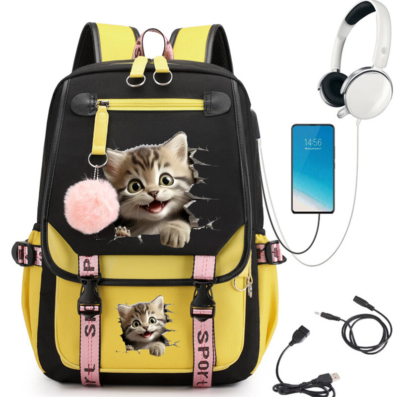 Школьный рюкзак с принтом кота, милый мультяшный ранец для студентов, подростков, Сумка с Usb-разъемом, сумка для ноутбука в стиле аниме для подростков