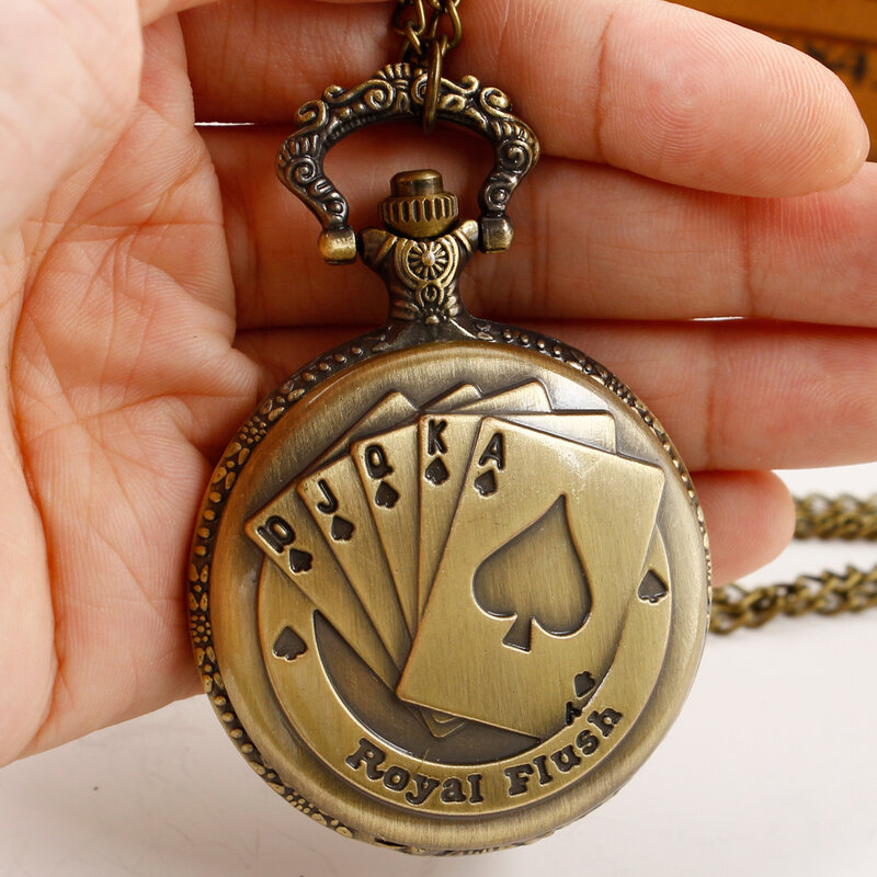 Mode Bronze Flush Poker Karte Quarz Taschenuhr Halskette Casual Anhänger Fob Pocketwatch Kette Uhr Geschenke Uhr Männer Frauen