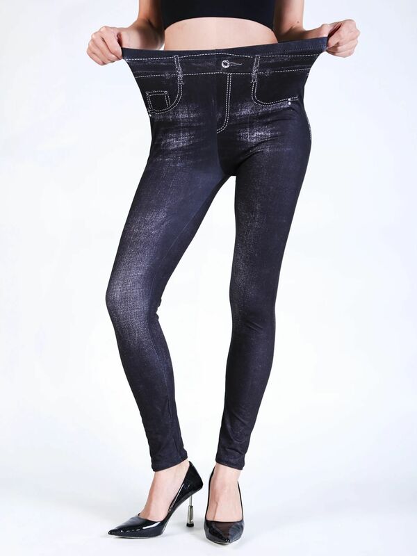 YGYEEG-Leggings pretas de jeans falso feminino, elástico, cintura alta, sem costura, impresso, bolso falso, calça lápis vintage, sexy, escovado