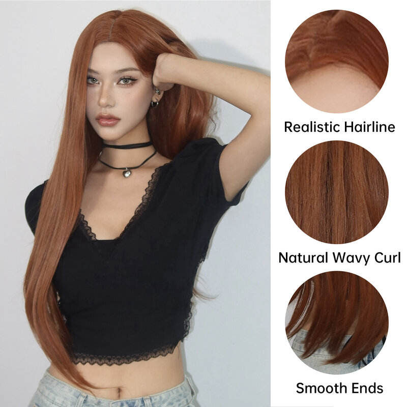 Straight Long Hair Dark Ginger Cosplay Synthetic Natural Hairline Wig for Women 26inch Auburn Middle Part Wigs for Daily Party