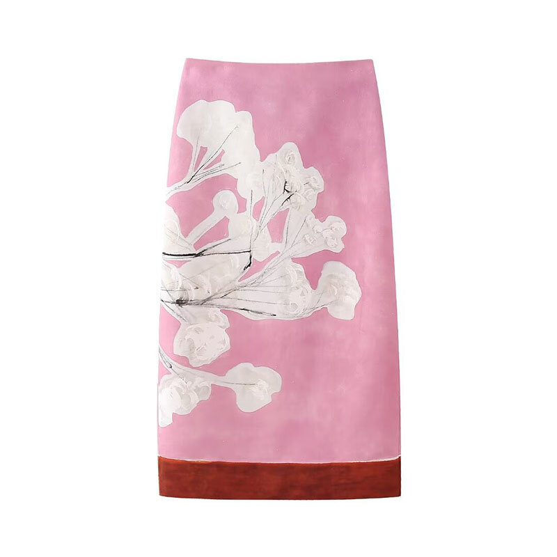 Summer Skirt 2024 New Casual Transparent Flower Print Slit Sexy Midi Skirt Elegant Long Skirt