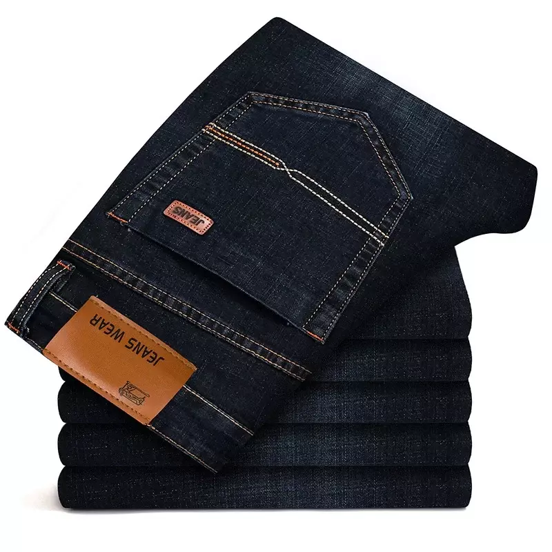 กางเกงยีนส์ขายาวสำหรับผู้ชายกางเกงยีนส์2024สีดำสีน้ำเงินกางเกงยีนส์สลิมฟิตลำลองธุรกิจใหม่