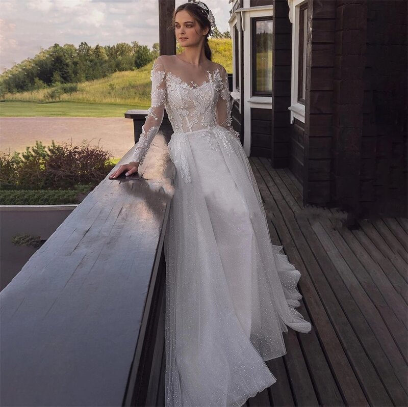 Eleganckie suknie ślubne dla kobiet tiulowe suknie ślubne koronkowe aplikacje pełne rękawy szaty na formalne przyjęcie 2024 Vestidos De Novia