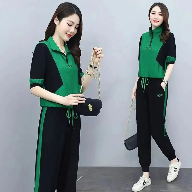 2024 Summer New Korean Fashion Join Together Short-Sleeved Tops Leisure Set Fashion Sportswear Suit Women's 2PCS Two-Piece