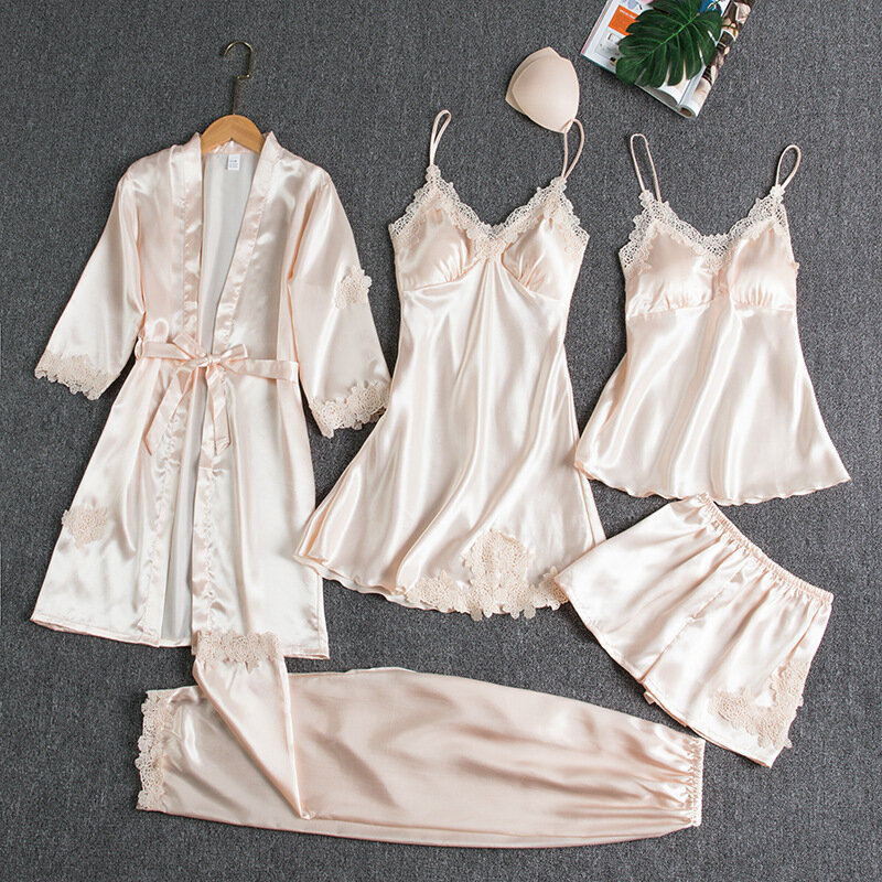 Пикантный халат-кимоно, комплект из 5 предметов, однотонная кружевная Пижама с каймой, Женская атласная свободная одежда для отдыха, одежда для сна на бретелях и шортах