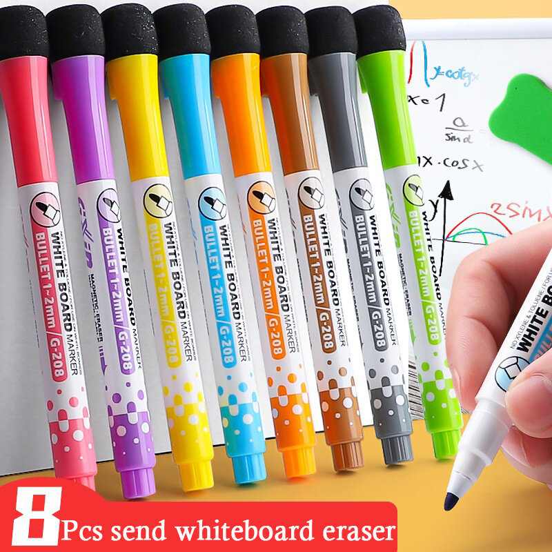 8 цветов, магнитные маркеры для сухого стирания, тонкий наконечник, магнитные стираемые ручки для белой доски для детей, учителей, детской комнаты, классной комнаты