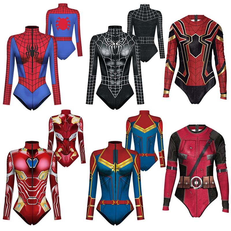Superhero Bodysuit for Women Men Spiderman Iron Man Cosplay 3D Print Long Sleeve Swimsuit Adult Carnival Costume