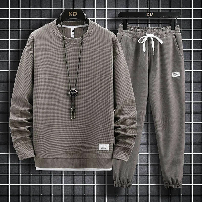 Men's Waffle Suit Sets Casual Long Sleeved Sweatshirt and Pants for Sports Men's T-shirt Hoodie Casual Trousers Set Loose Fit
