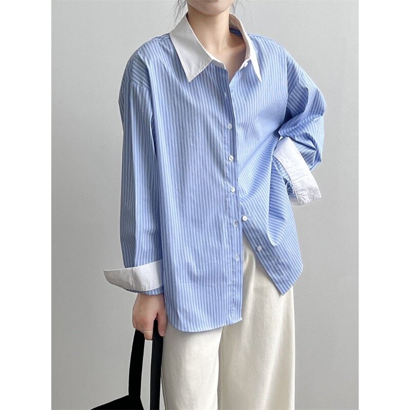 QWEEK-camisa a rayas de gran tamaño para mujer, blusa elegante de manga larga para oficina, moda Coreana de verano, estilo de dinero antiguo, estética