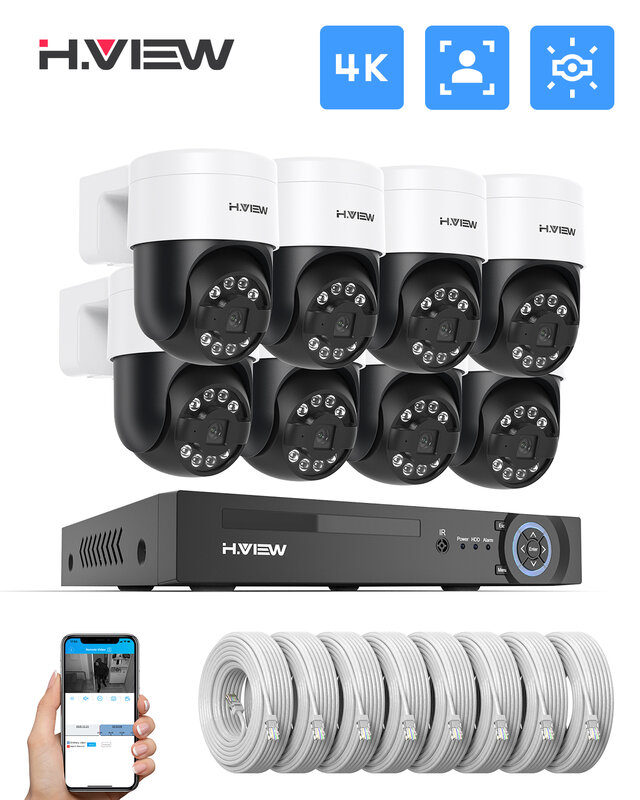 H.view 4K Kit Camaras de Seguridad PTZ de seguridad Cctv, 4/6/8 pcs Cámaras IP PoE de Vigilancia ExteriorKits de videovigilancia para el hogar,Impermeable cámara Ip al aire libre, detección humanoide,4K, 5MP