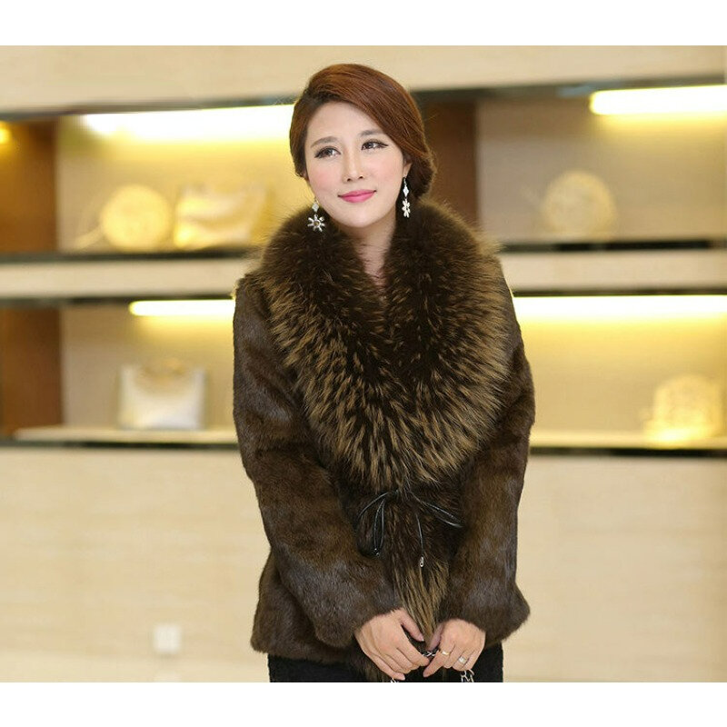 2023New 100% Genuine Fur Winter Haining Fur Mid Long Hare Fur Raccoon Dog Fur Collar Fashion Premium Comfortable Large Size Coat